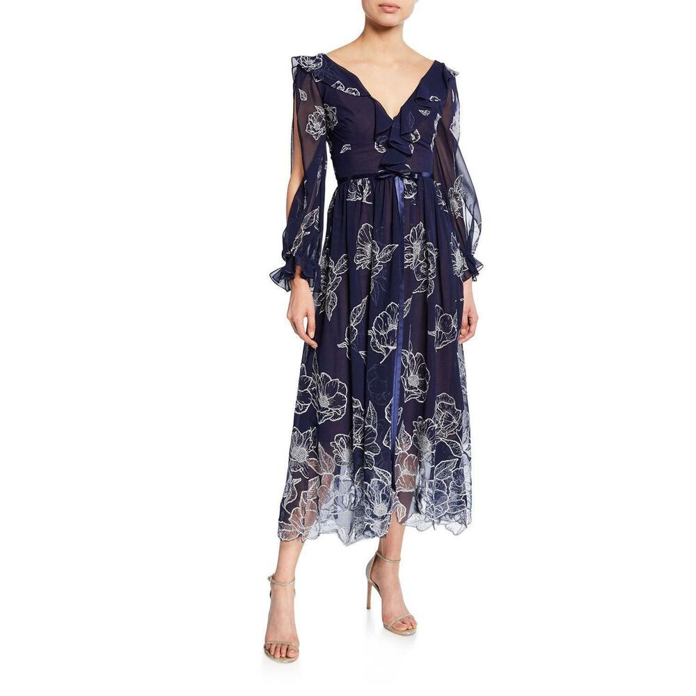 Marchesa Notte Floral Midi Dress Embroidered Long-Sleeve Tulle Navy Blue Size 6